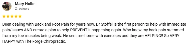 Chiropractic Baldwin WI Testimonial Mary Holle A 5-star Google review for The Forge Chiropractic praising continued pain relief