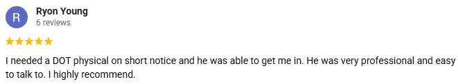 A 5-star Google review for The Forge Chiropractic praising Dr. Stoffel's professionalism during a DOT physical